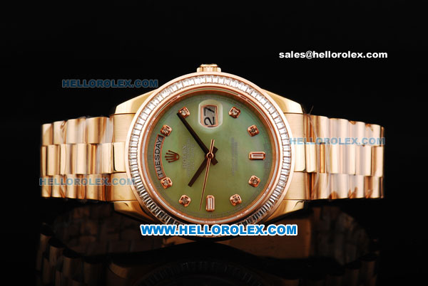 Rolex Day Date II Oyster Perpetual Automatic Movement Full Rose Gold with Diamond Bezel - Diamond Markers and Green MOP Dial - Click Image to Close